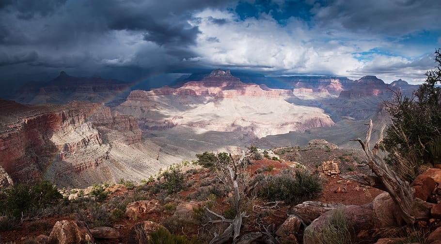 united states, grand canyon, rainbow, storm, desert, stormcouds, HD wallpaper