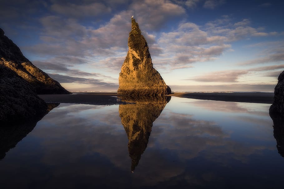reflection of rock formation on body of water, sky, nature, sunrise, HD wallpaper