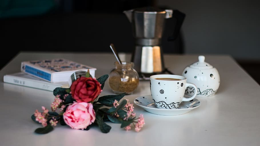assorted-color items on white table, coffee, cup, sugar, flower, HD wallpaper