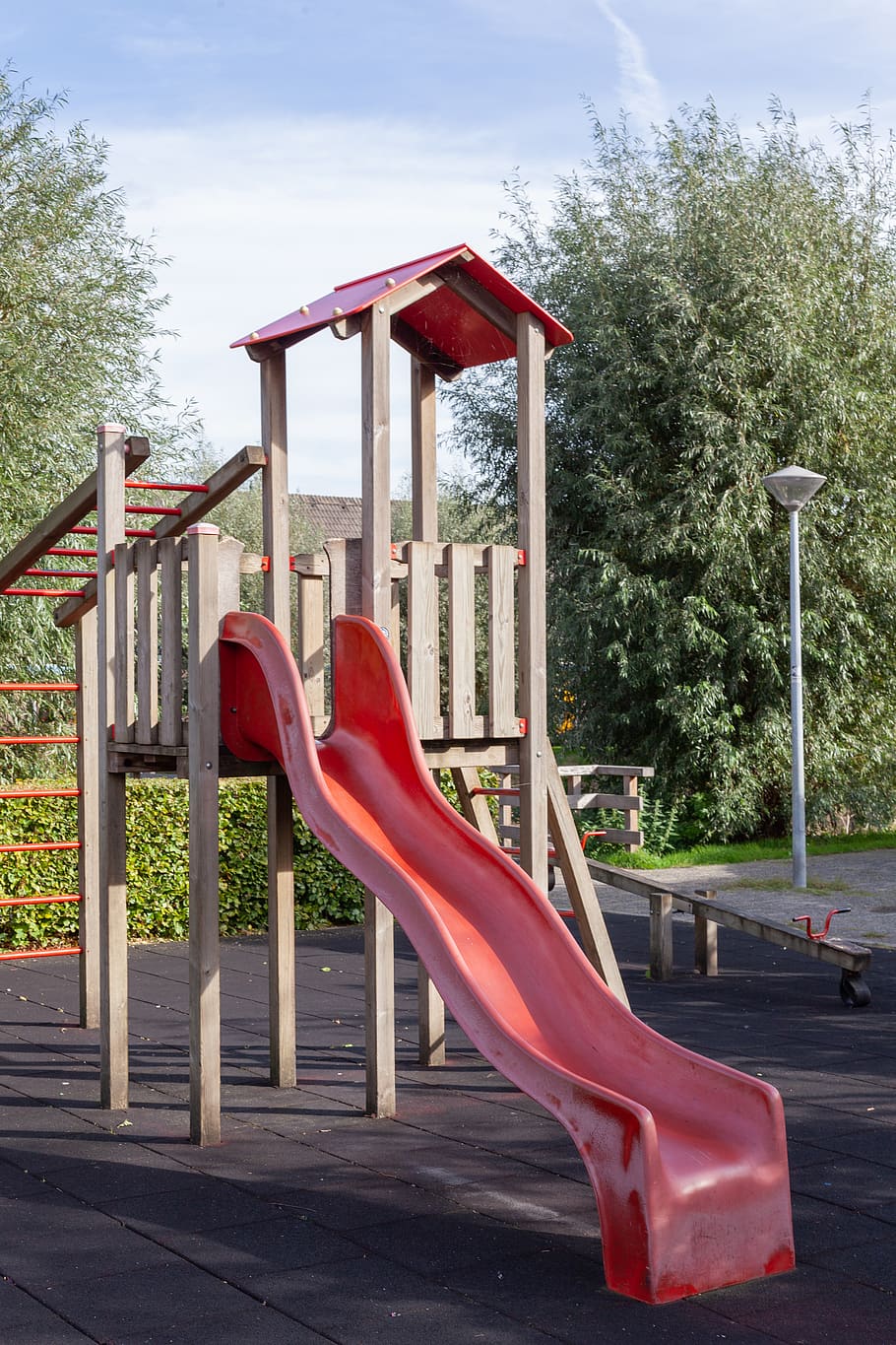 netherlands, zwaag, playground, red, tree, outdoor play equipment, HD wallpaper
