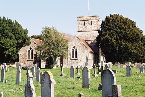 graveyard with church background, tomb, tombstone, film scan HD wallpaper