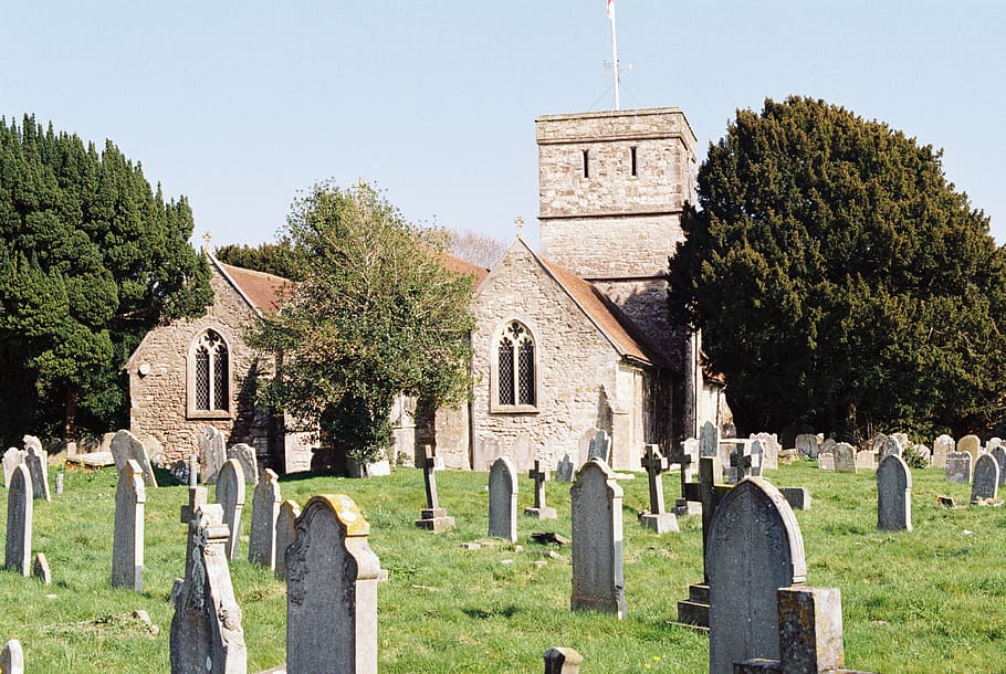 graveyard with church background, tomb, tombstone, film scan HD wallpaper