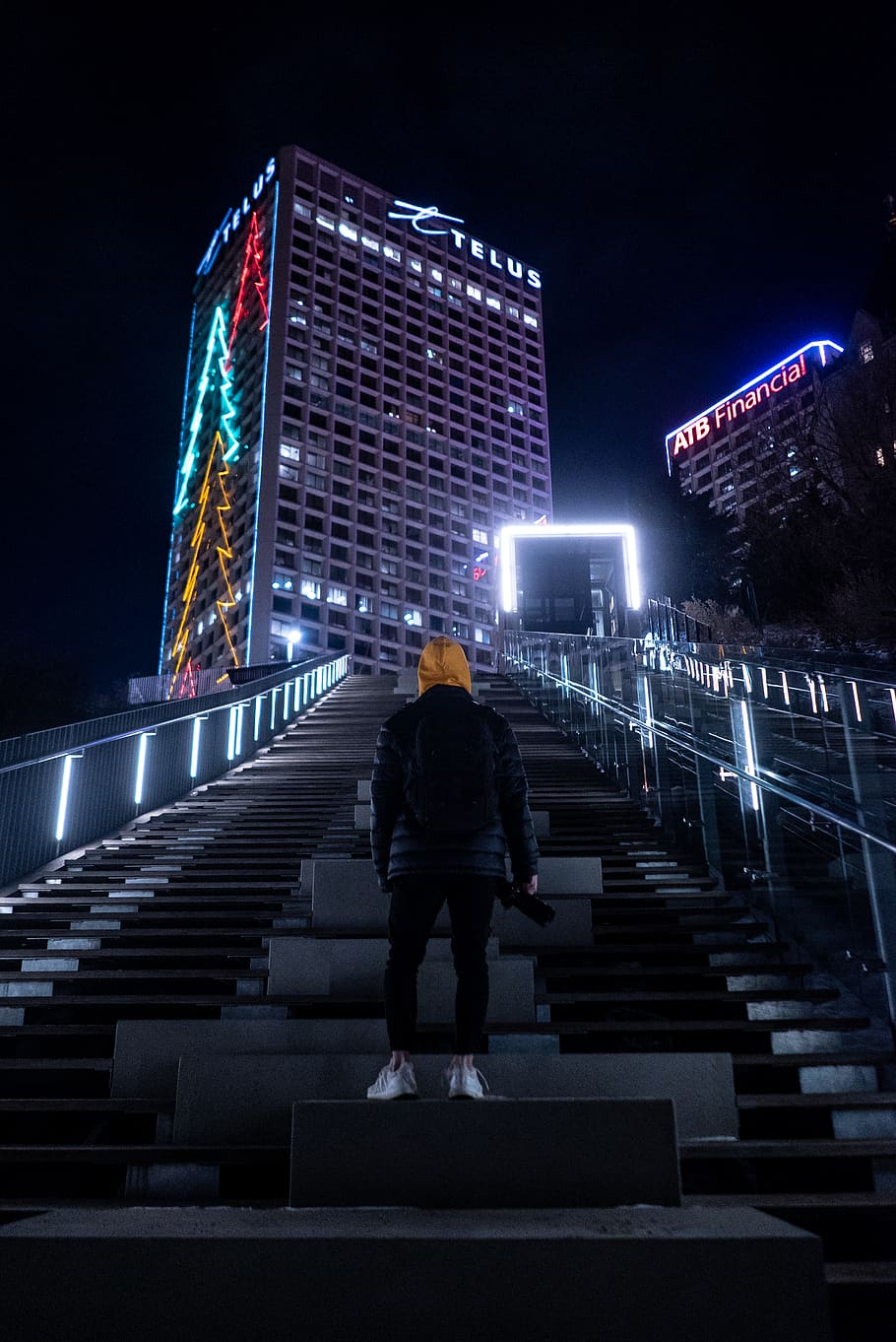 man standing on staircase, architecture, built structure, illuminated HD wallpaper