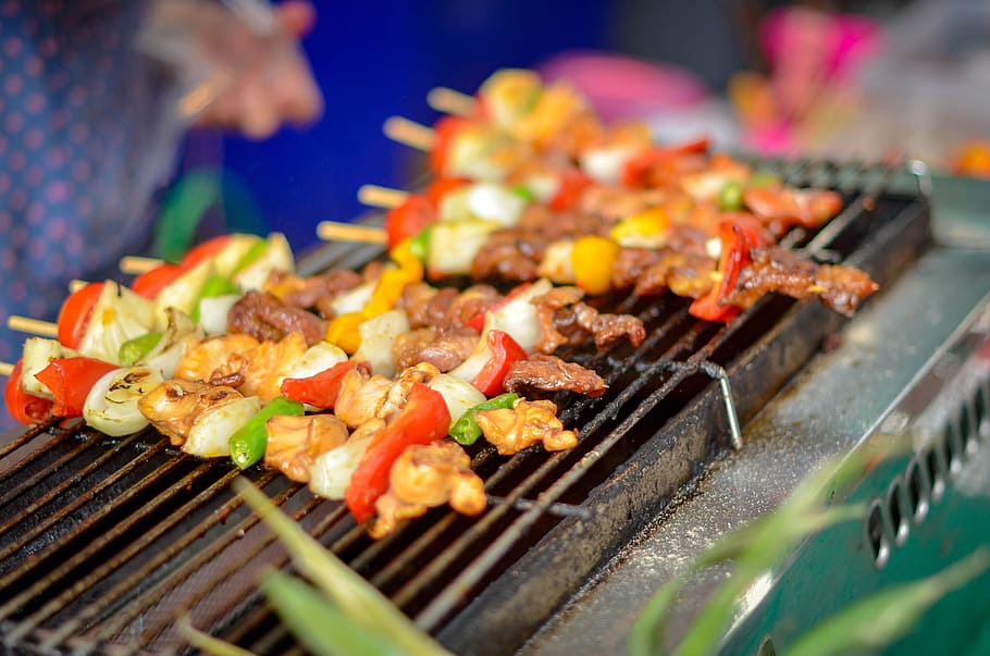 Food in the local market - kababs or skewers, thai, asian, cuisine, HD wallpaper