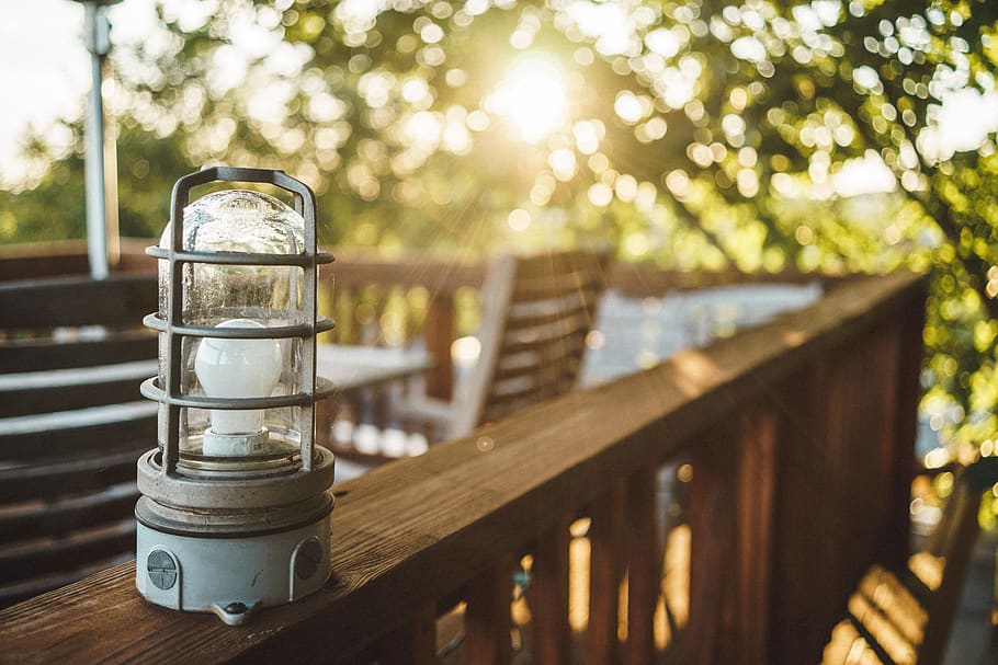 unlighted cage lamp, table, wood - material, focus on foreground HD wallpaper