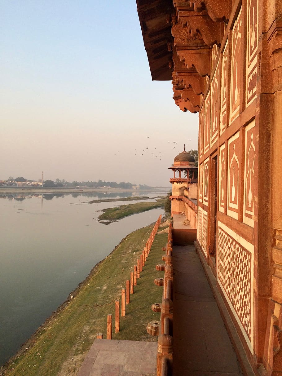 india, agra, sunset, red fort, temple, river, water, built structure