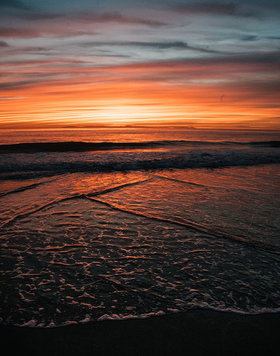seashore during sunset, nature, outdoors, sky, dusk, dawn, red sky HD wallpaper