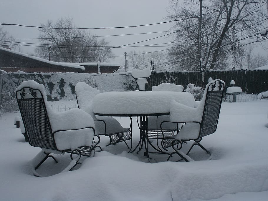 Black Patio Table and Chairs Covered of Snow, cold, decor, zing HD wallpaper