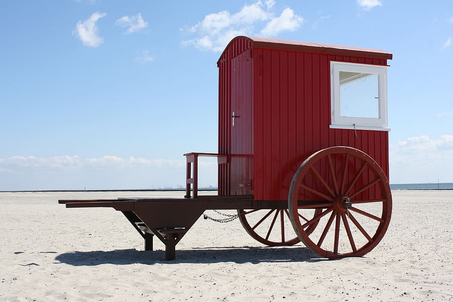 Red and White Cart on Seashore, beach, clouds, daylight, empty HD wallpaper