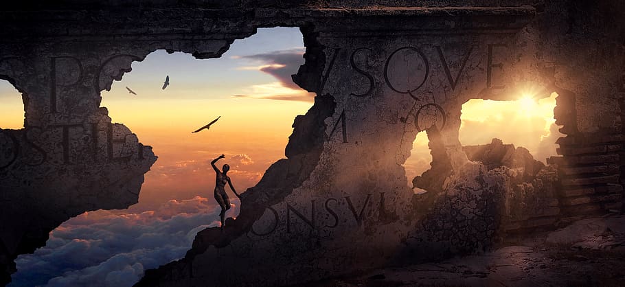 fantasy, wall, building, ruin, stone, light, human, clouds HD wallpaper