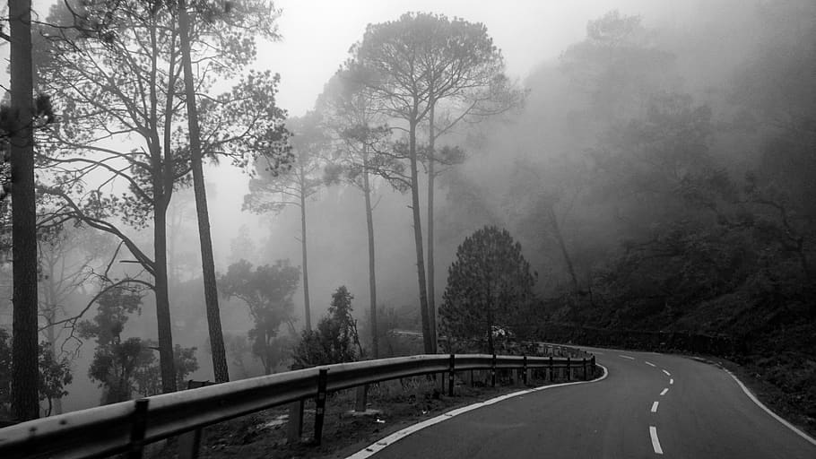 gray road beside mountain, nature, weather, fog, way, highway, HD wallpaper