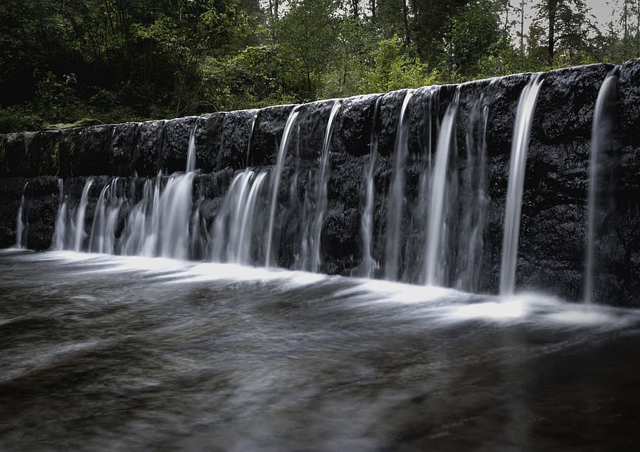 waterfall, landscape, forest, river, long exposure, flowing water HD wallpaper