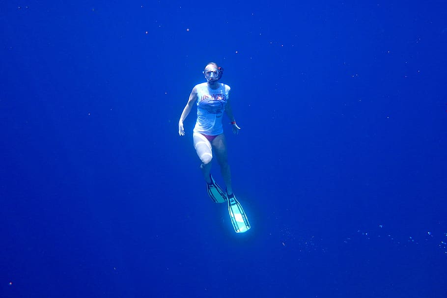 swim, snorkel, dive, blue, sea, water, girl, under, the water HD wallpaper