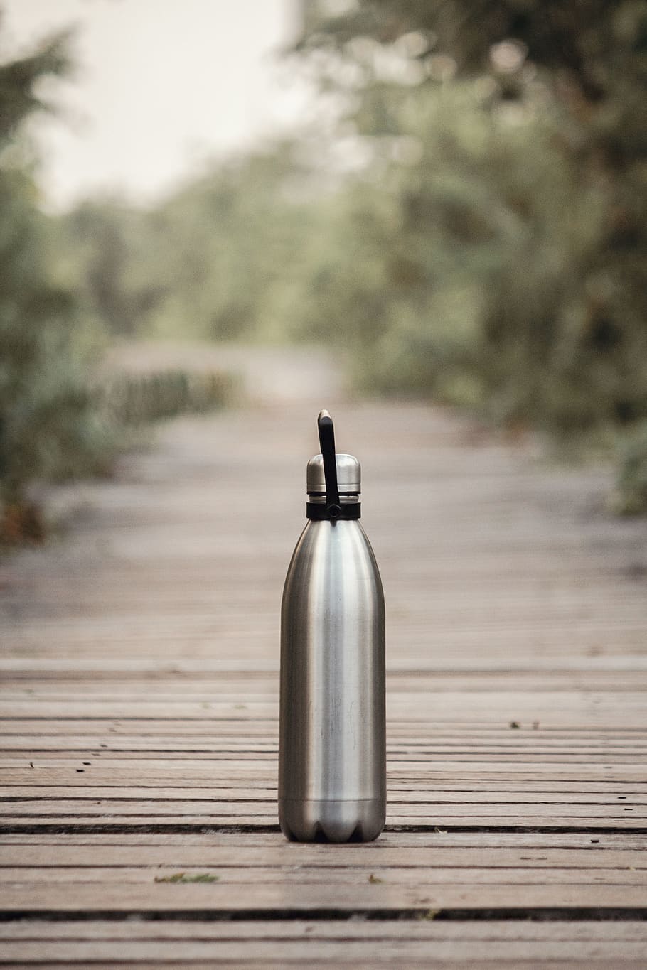 Vacuum Flask On Brown Wooden Dock, bottle, container, macro, path HD wallpaper