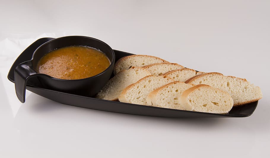 Black Platter and Dipper Sauce, appetizer, bowl, bread, cream HD wallpaper