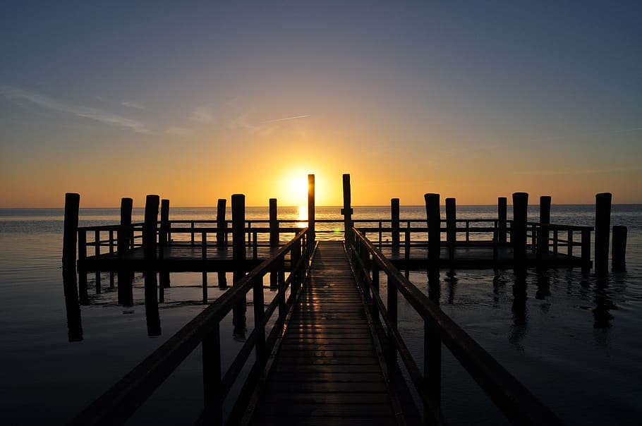 Wood Dock With Sunset Background, beach, coast, dawn, evening HD wallpaper