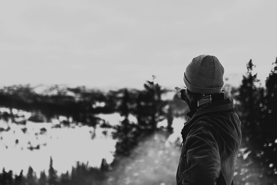 Person Wearing Jacket Pointing the Glacier Mountain, black and white HD wallpaper