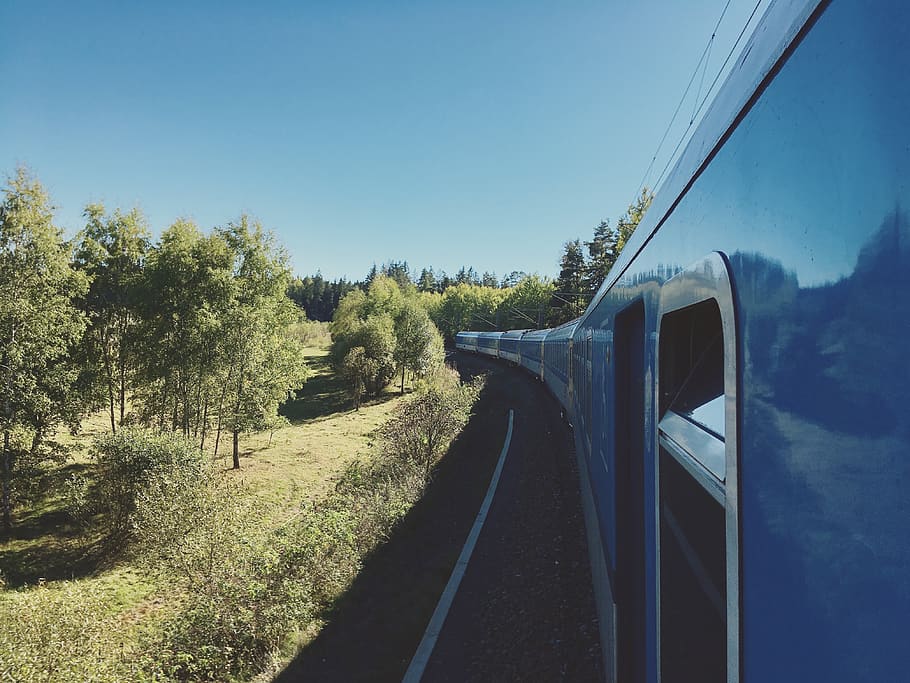 blue train, road, czechia, transportation, train track, rail HD wallpaper
