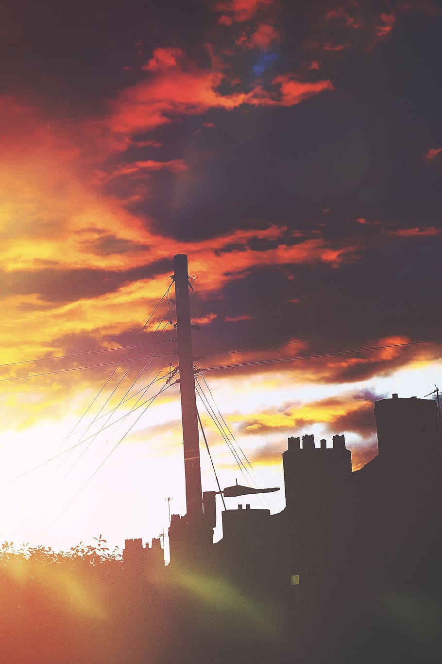 pole, fire sky, clouds, sunset, chimneys, houses, buildings HD wallpaper