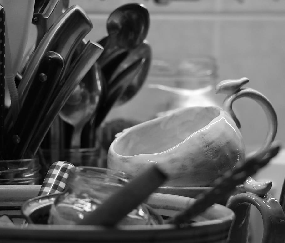 dishes, ware, hollow-ware, black and white, steel, utensil HD wallpaper