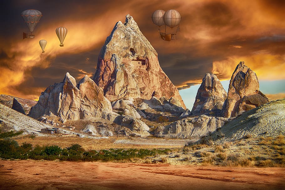 mountain, sky, clouds, sunset, balloon, scenic, adventure, scenics - nature HD wallpaper