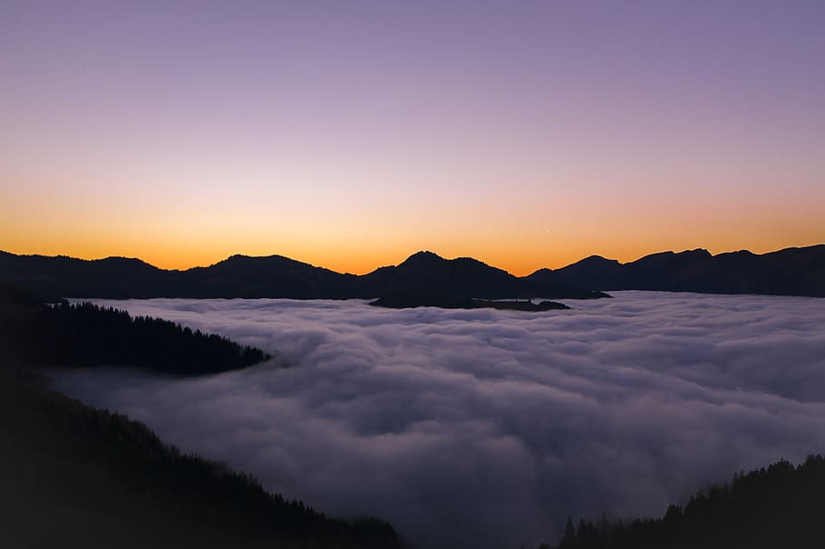 sunset, mountains, fog, alpine, landscape, nature, sky, scenic HD wallpaper