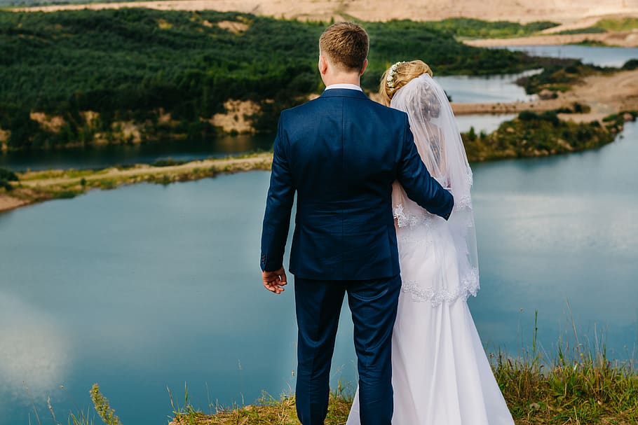 Couple Standing Near Body of Water, beautiful, bride, Bride and Groom