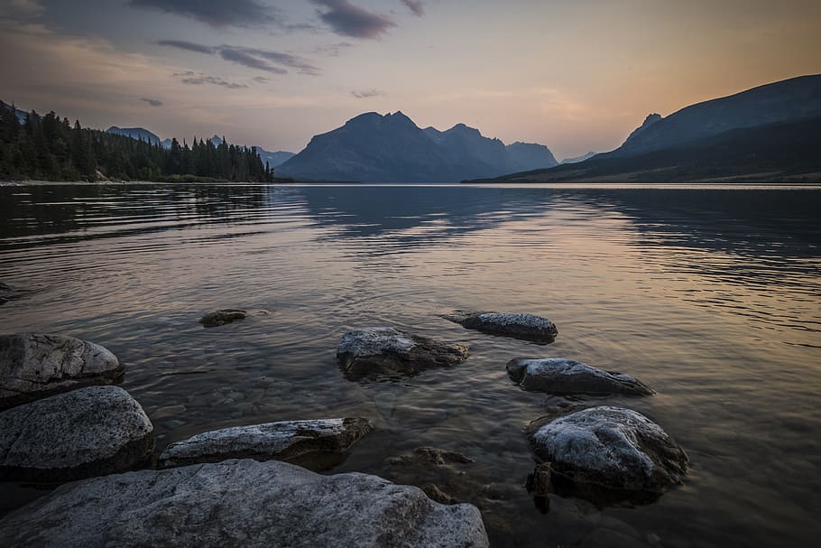 sunset, landscape, scenic, nature, st mary, lake, glacier national park HD wallpaper