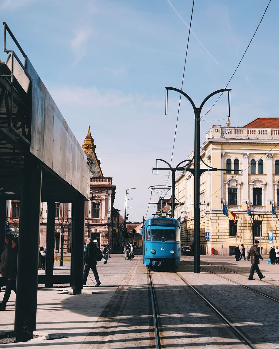 tramway, trolley, bus, car, street, building, metro, person HD wallpaper
