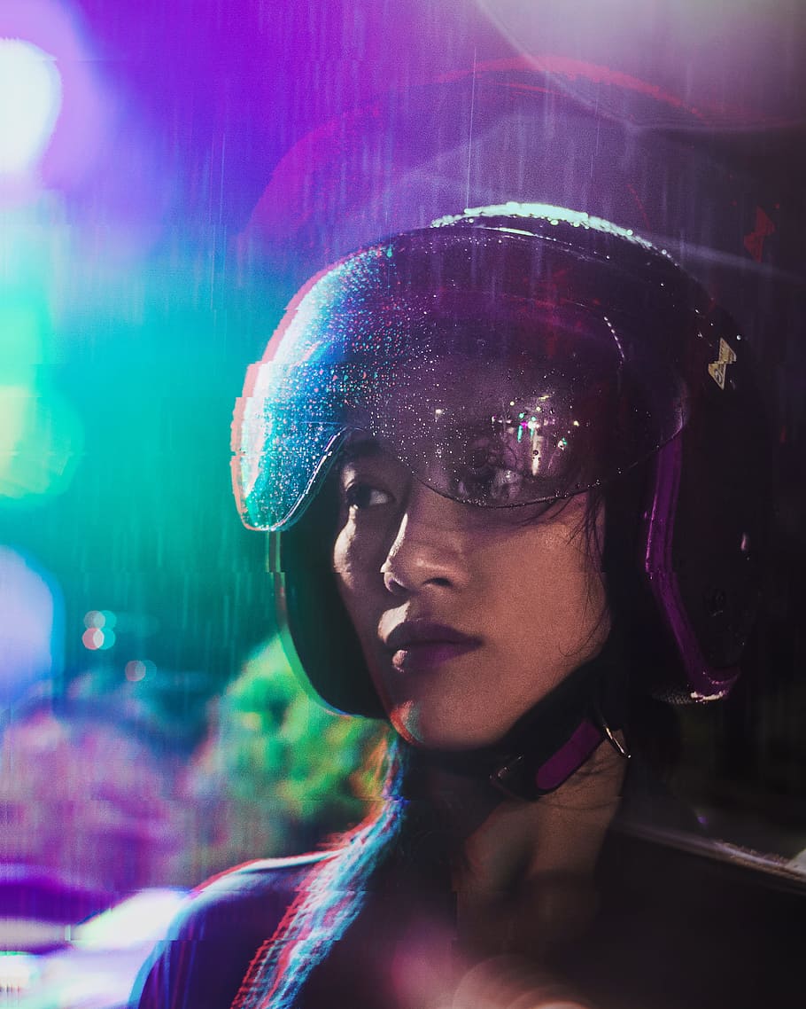 Lost in the Rain, bokeh, neon, face, portrait, woman, hemet, goggles HD wallpaper