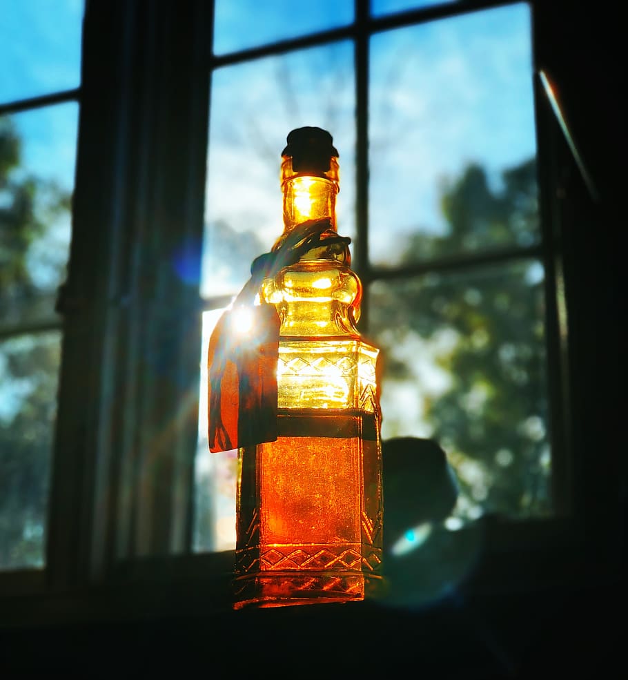 oil, light, bottle, sunlight, window, yellow, orange, bright HD wallpaper