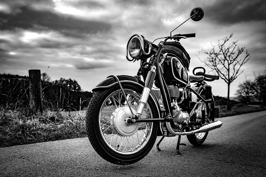 Standard Motorcycle Parked on Road, close-up, clouds, focus, hdr HD wallpaper