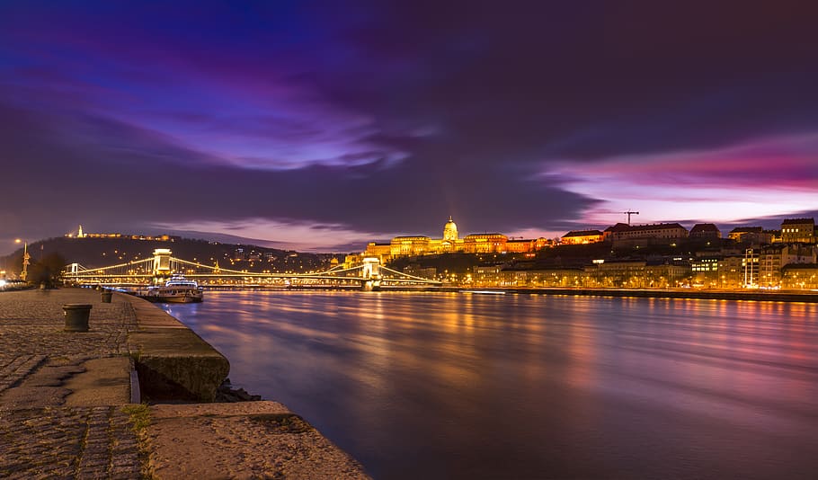 Town Near River During Night Time, architecture, bridge, Budapest HD wallpaper