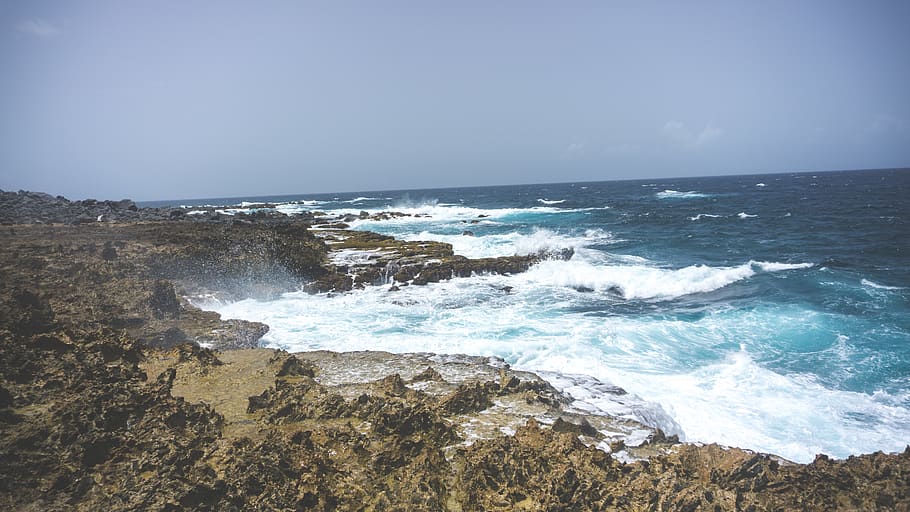 aruba, waves, nature, rocks, green, blue, sea, water, motion HD wallpaper
