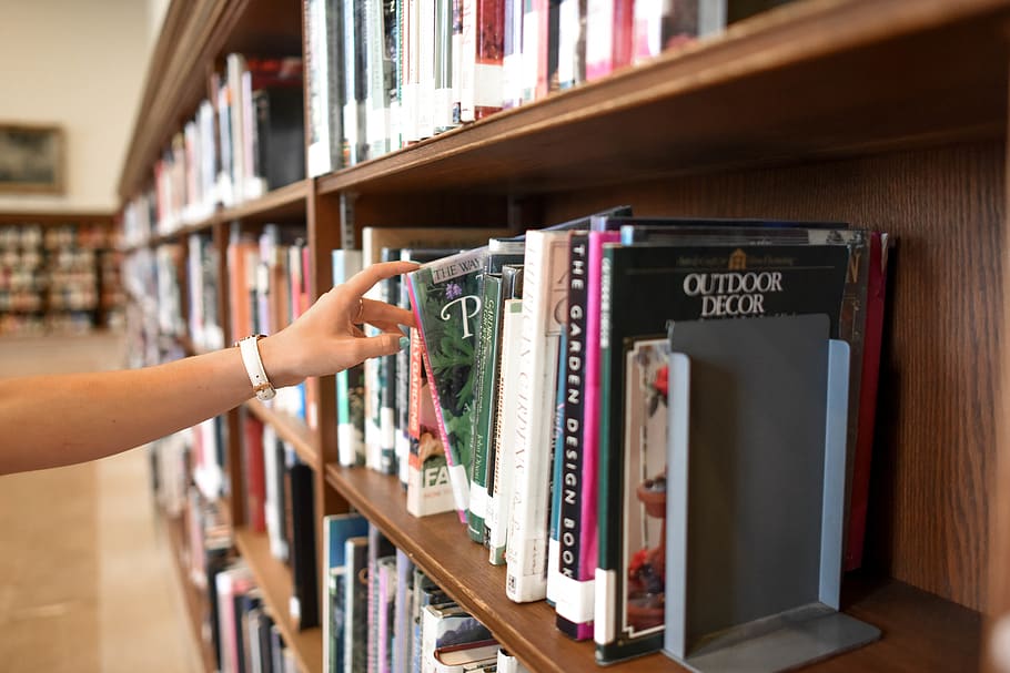 Person Holding Book from Shelf, architecture, book bindings, bookcase HD wallpaper
