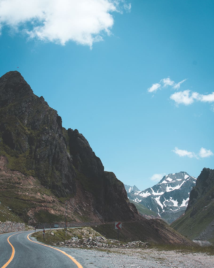 Concrete Road and Mountains Under Blue Sky, altitude, clouds HD wallpaper