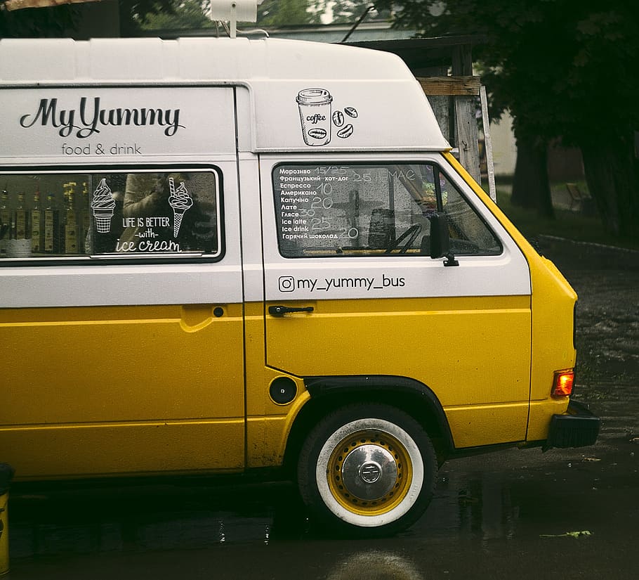 Hd Wallpaper Close Up Photo Of White And Yellow Food Truck