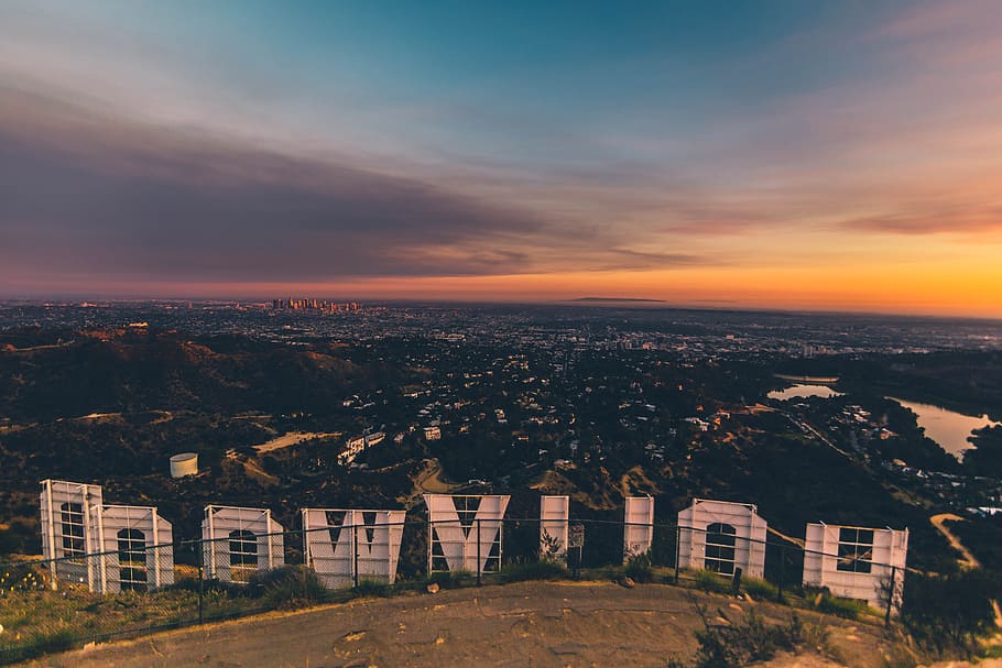Hollywood, California, sign, view, landmark, hollywoodsign, sunset, HD wallpaper