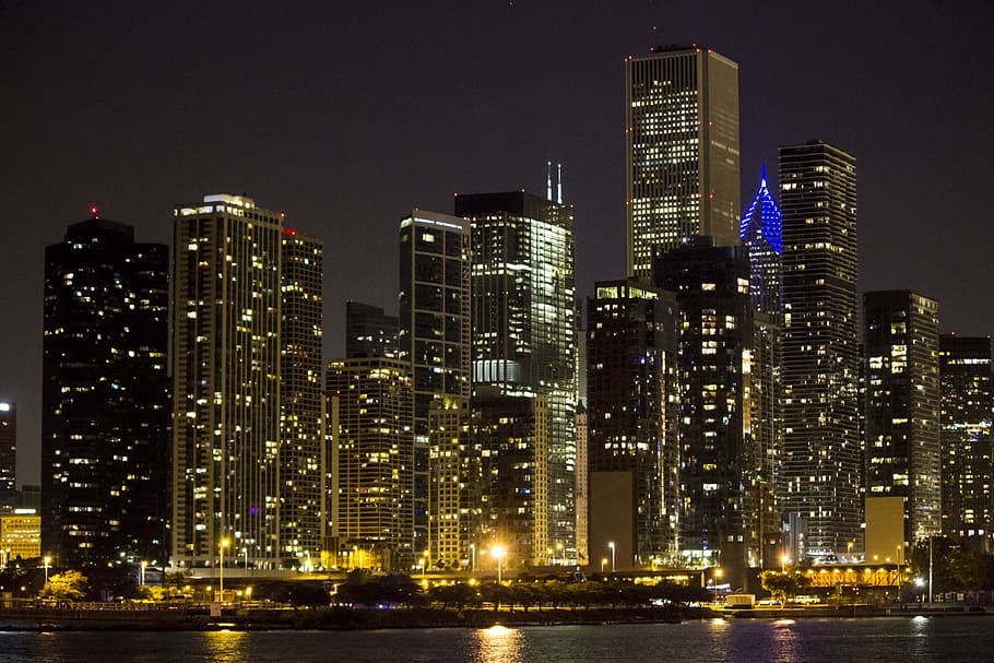 city skyline at night, architecture, office building exterior HD wallpaper