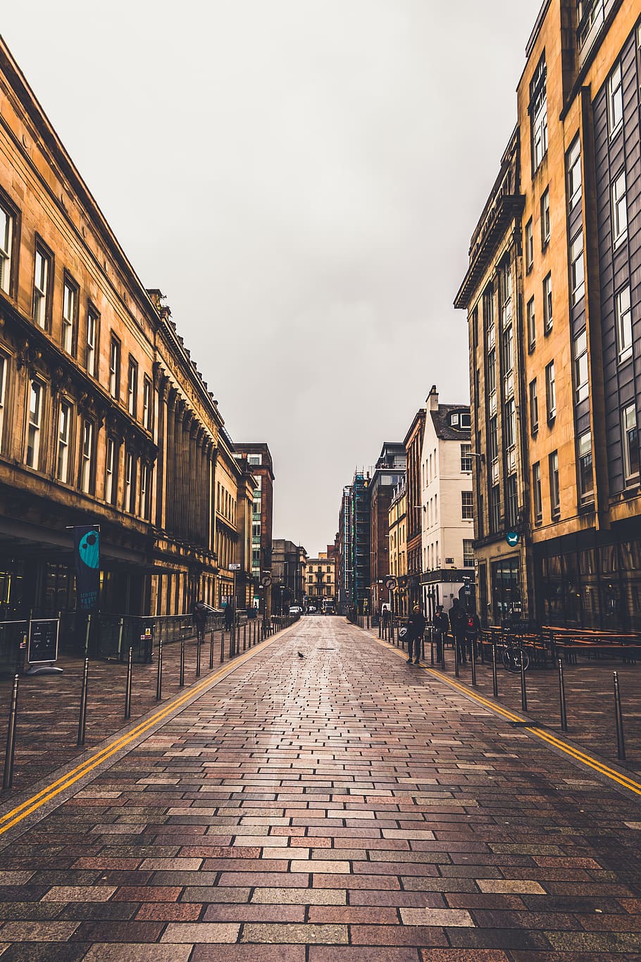 buildings on side streets, town, city, urban, road, human, person HD wallpaper