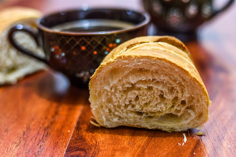 coffee, cup, drink, caffeine, table, breakfast, bread, food and drink HD wallpaper