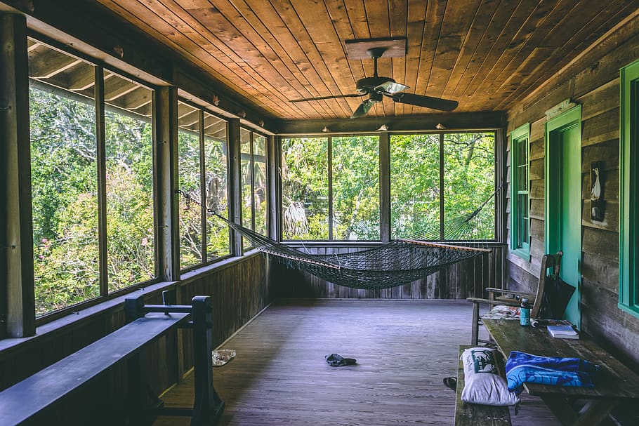 empty black hammock, furniture, appliance, ceiling fan, porch HD wallpaper