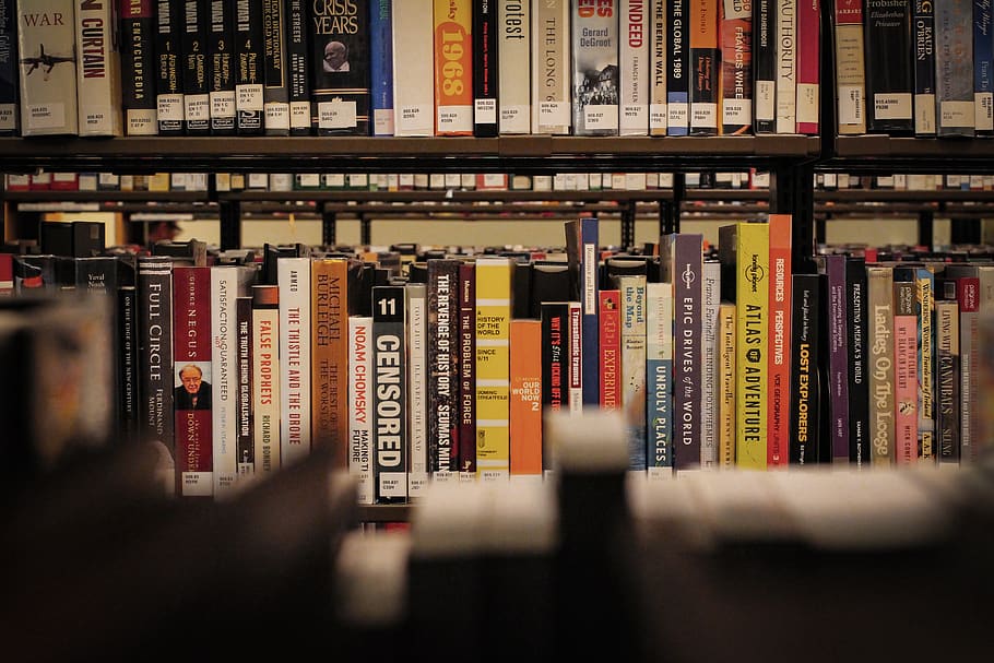 assorted-title books, shelf, publication, bookshelf, choice, variation HD wallpaper
