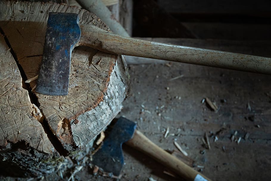 two hatchets, metal, indoors, rusty, work tool, no people, close-up HD wallpaper