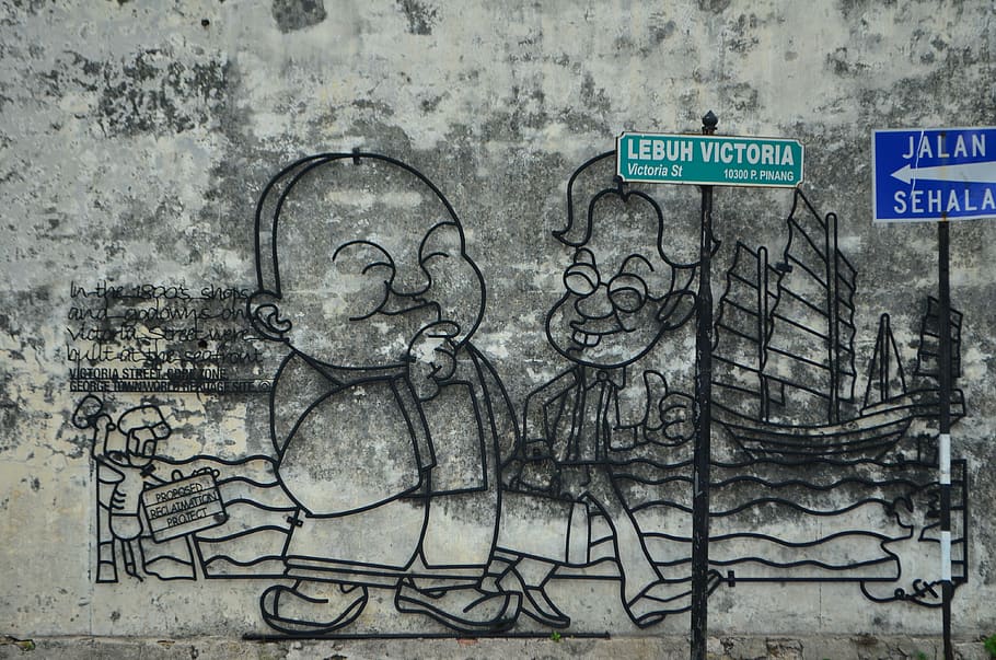 two man standing and walking mural, wall, art, graffiti, malaysia, HD wallpaper