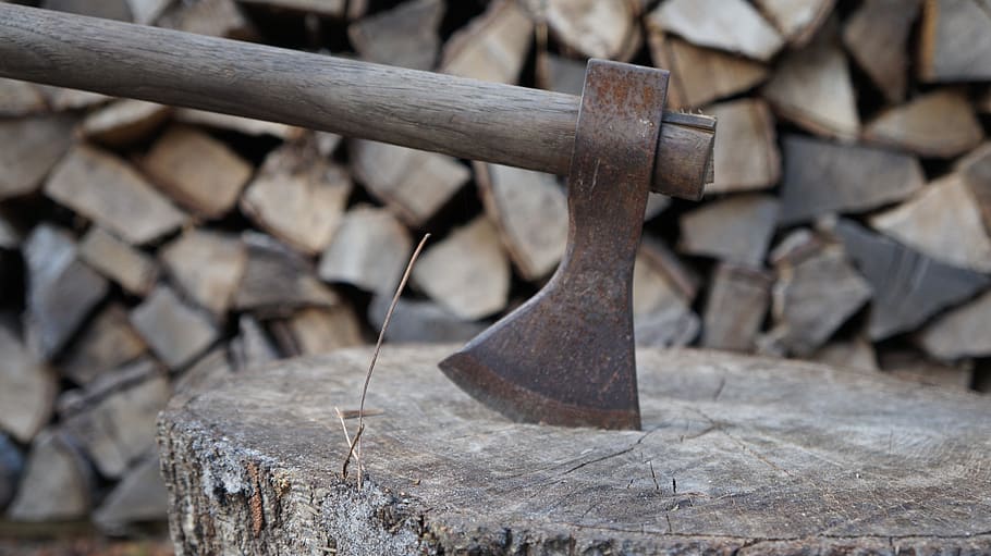 axe, wood, lumberjack, hatchet, tool, tree, log, firewood, woodworks