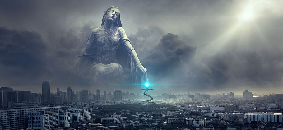 fantasy, city, statue, light, clouds, blessing, sun, gloomy