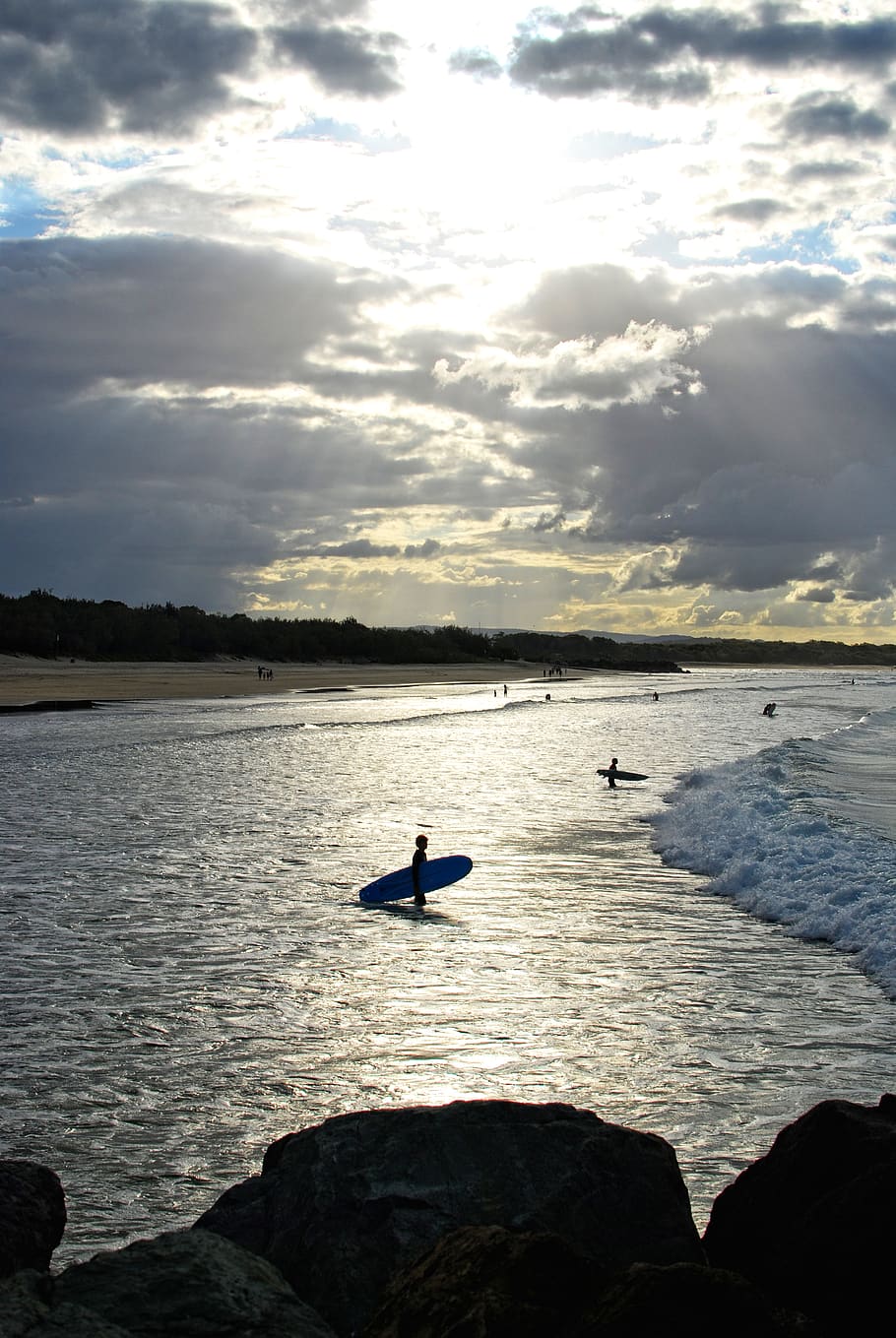 australia, byron bay, surfboard, sunset, surfer, ocean, sky, HD wallpaper