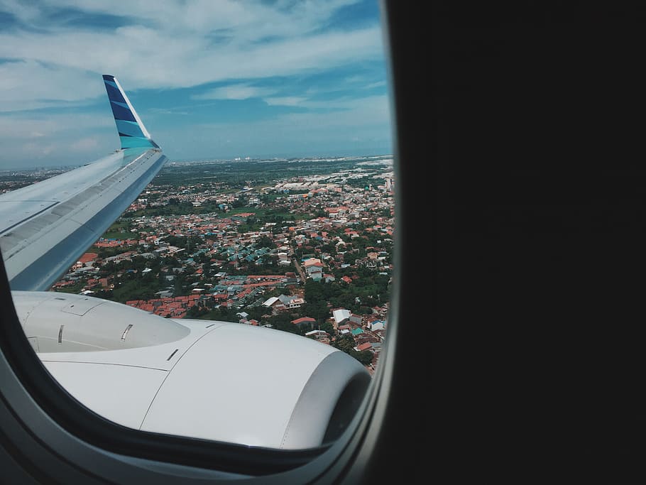 plane, window seat, cool, blue, wings, houses, neighborhood HD wallpaper