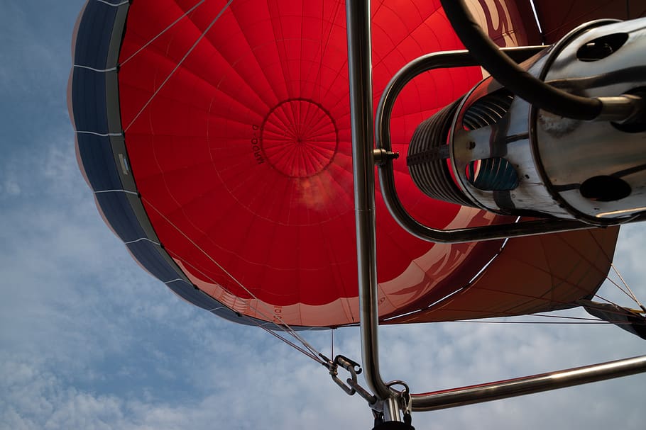 low-angle photography of red and black hot air balloon under blue and white sky, HD wallpaper